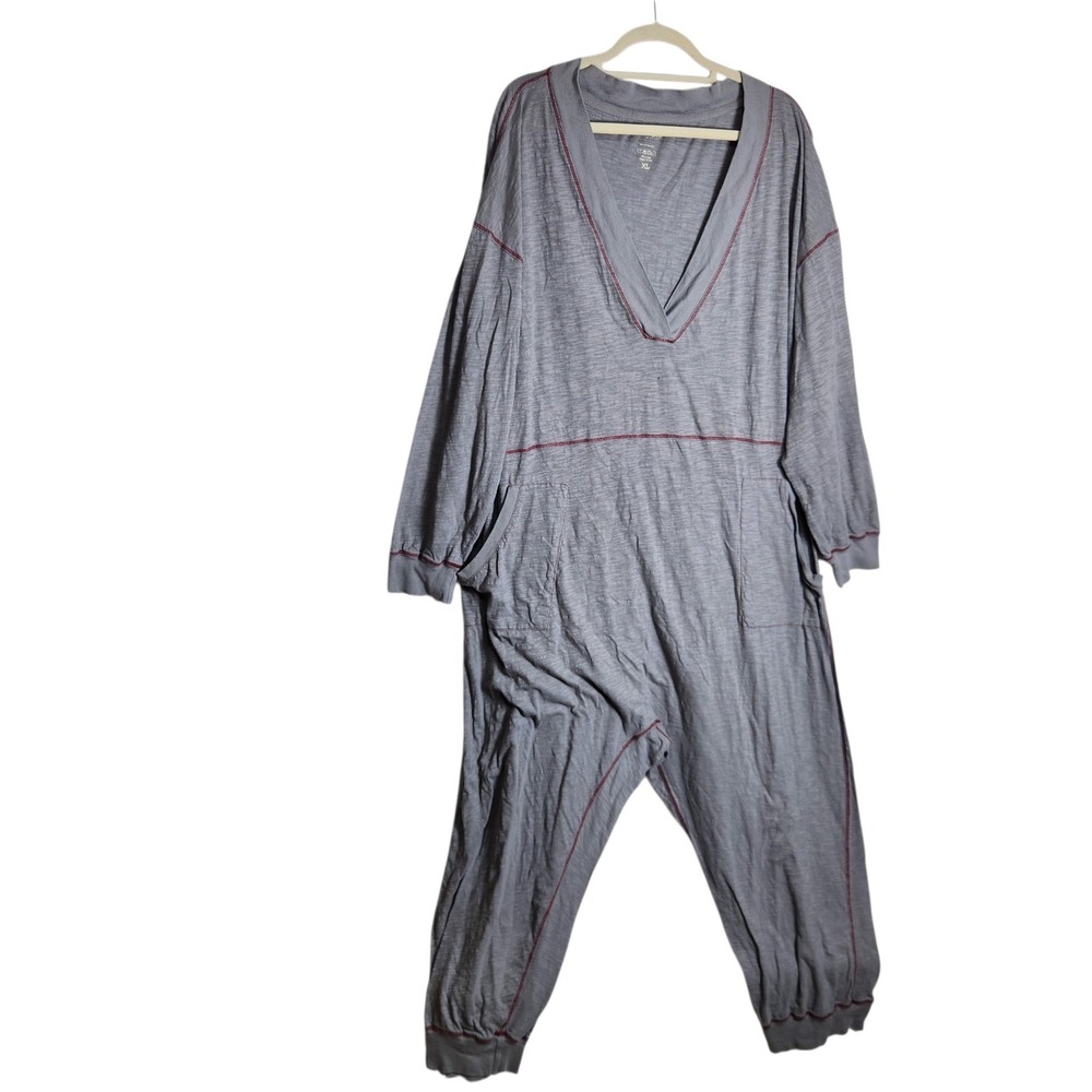 Natural Life Gray Cotton Knit V-Neck Jumpsuit XL Contrast Stitch Loungewear
